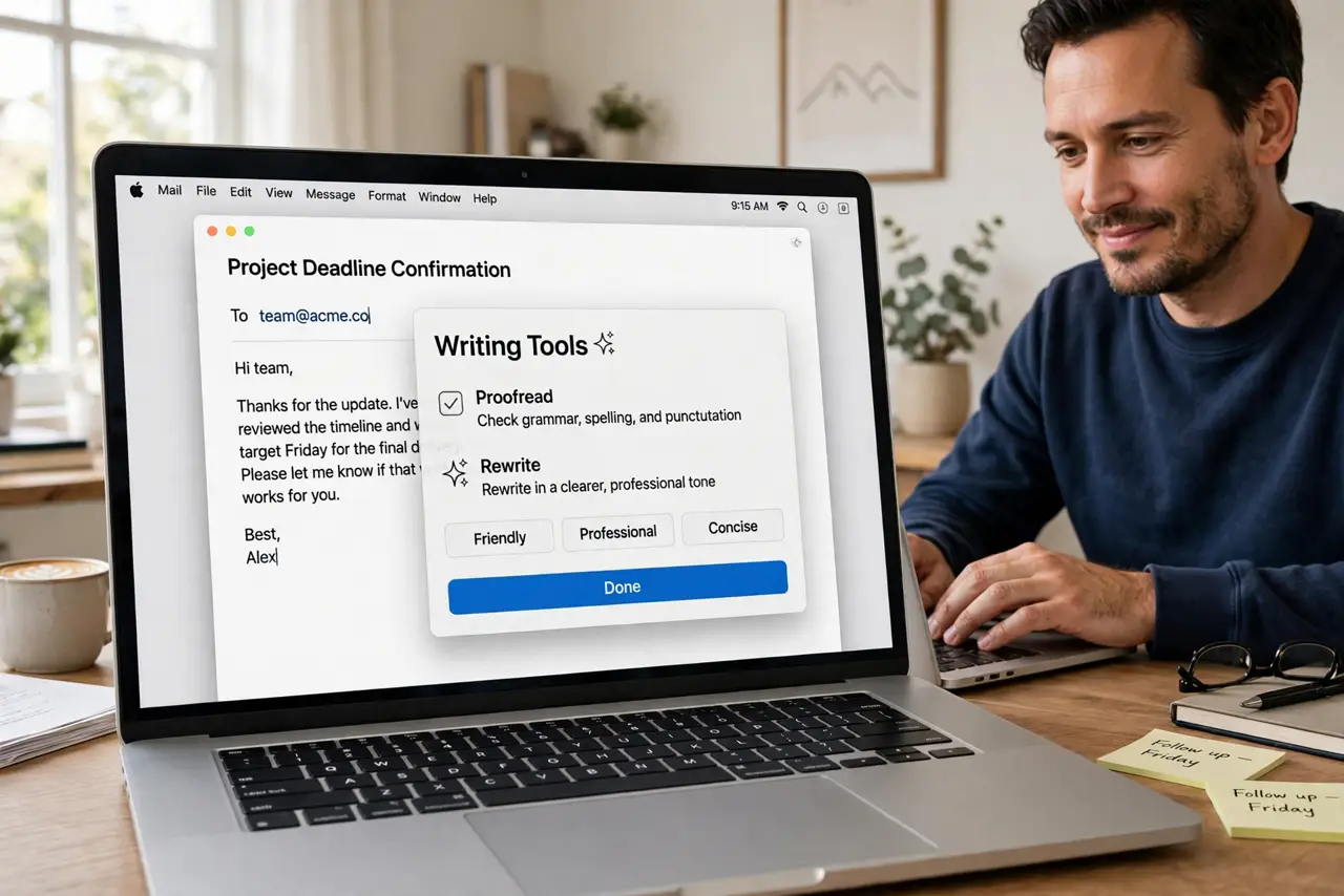 a person typing on a real MacBook with the Writing Tools menu open showing legible Proofread and Rewrite options over an email draft, the person's face relieved, bright home office.