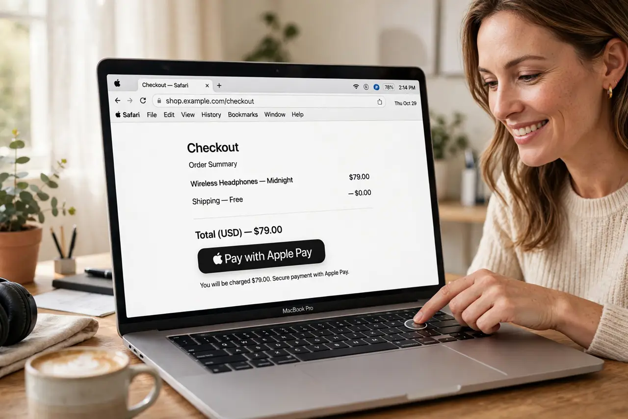 A woman checking out on a MacBook showing a Safari page with the Apple Pay button legible, her finger on Touch ID, face pleased, home office.