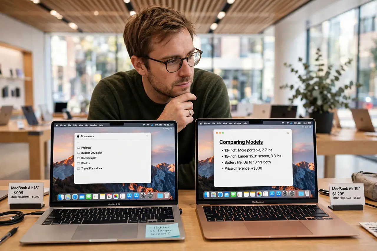 a person comparing two real MacBooks side by side on a desk, both screens showing legible desktops, a price tag visible, the person's face weighing the decision, bright store-like room.