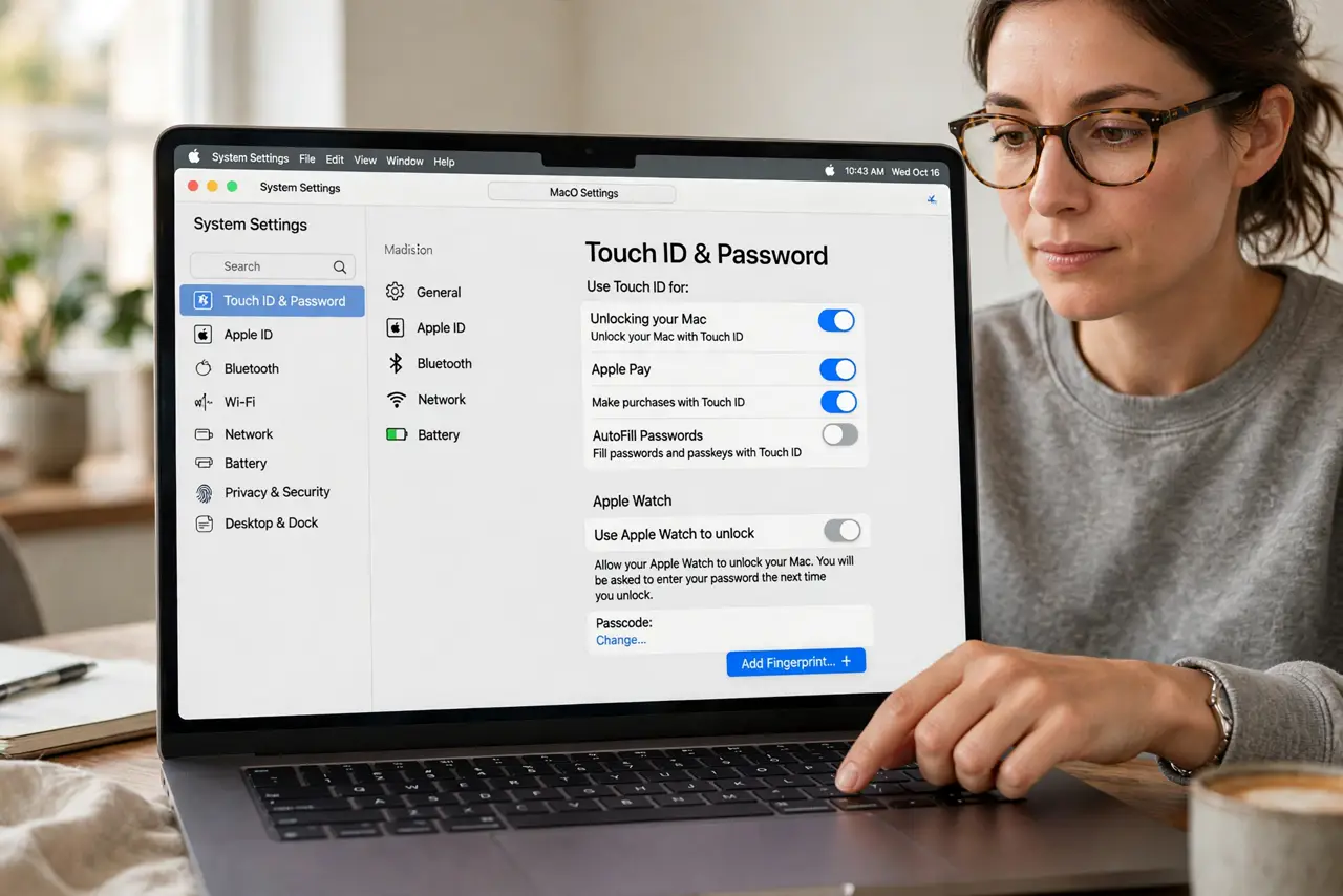A person performing step 1 of the guide: Toggle the unlock setting. Go to System Settings > Touch ID & Password and turn off 'Use Apple Watch to unlock,' wait ten seconds, and tu...