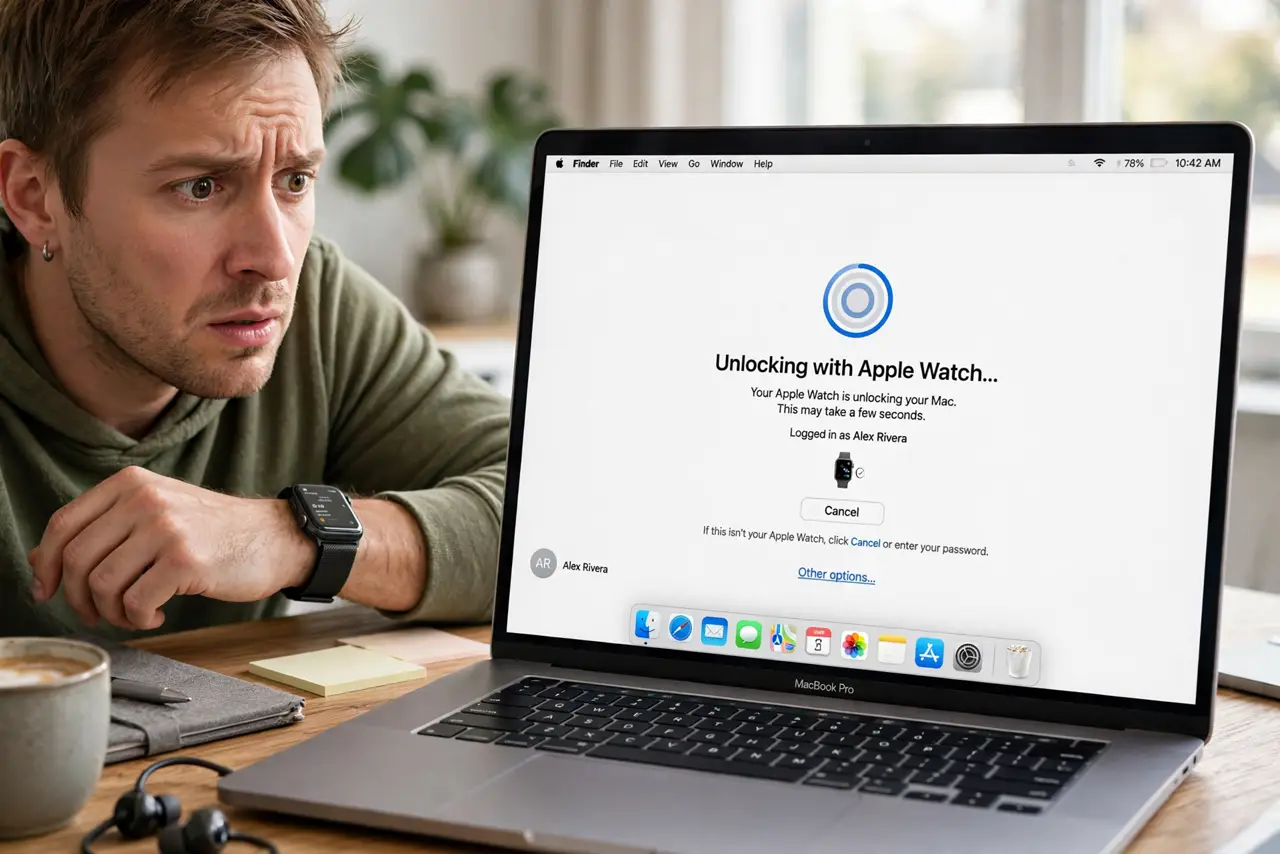 a puzzled adult wearing a real Apple Watch, looking at a real Mac login screen showing the watch unlock attempt with fully legible text.