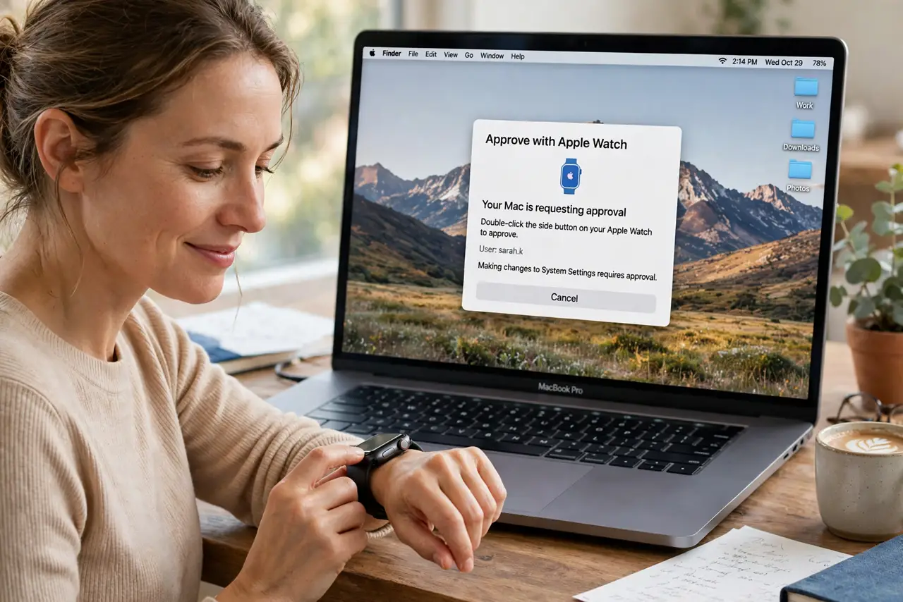A person double-clicking the side button on a real Apple Watch while a real Mac shows a password approval prompt with legible text, the person's face calm and…