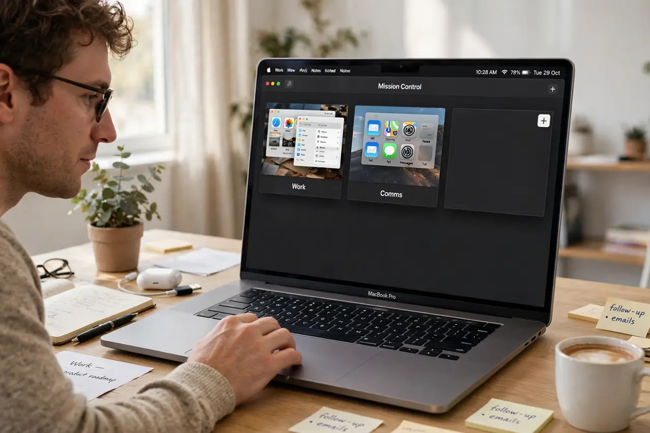 A person performing the first step: Create your Spaces first. Open Mission Control (F3 or three-finger swipe up) and.