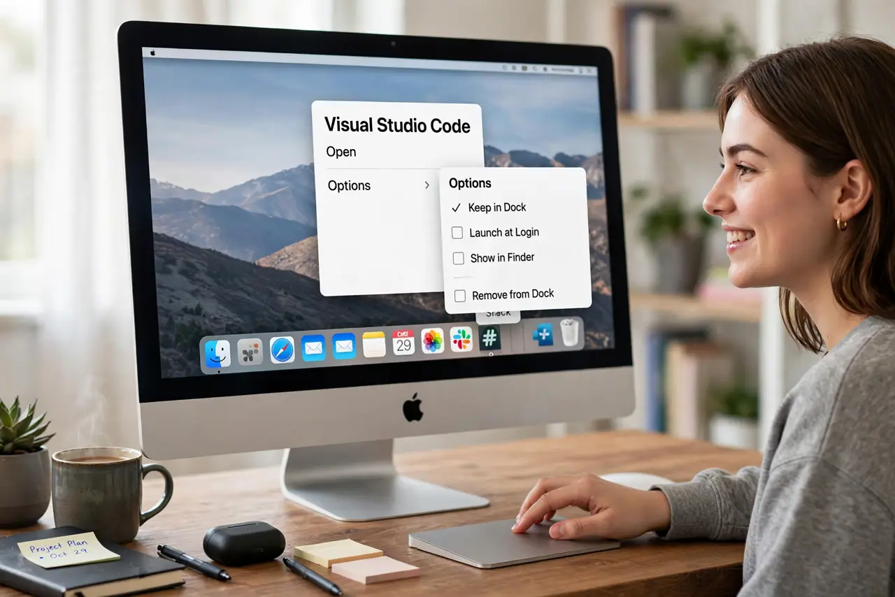 A person right-clicking a Dock icon on a real Mac showing the Options assignment menu with legible text, the person's