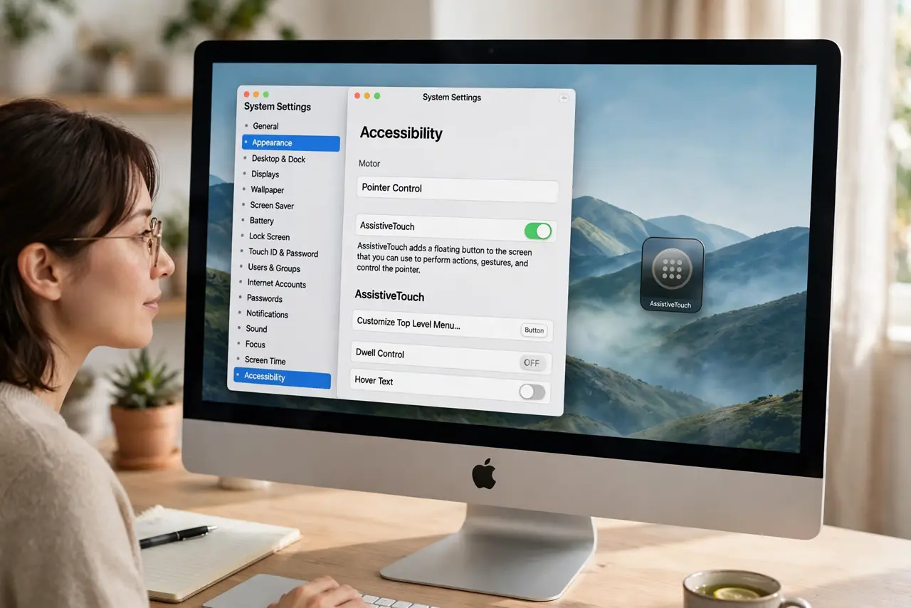 A person performing step 1: Enable AssistiveTouch. Go to System Settings > Accessibility > Pointer Control and turn on AssistiveTouch. A s.