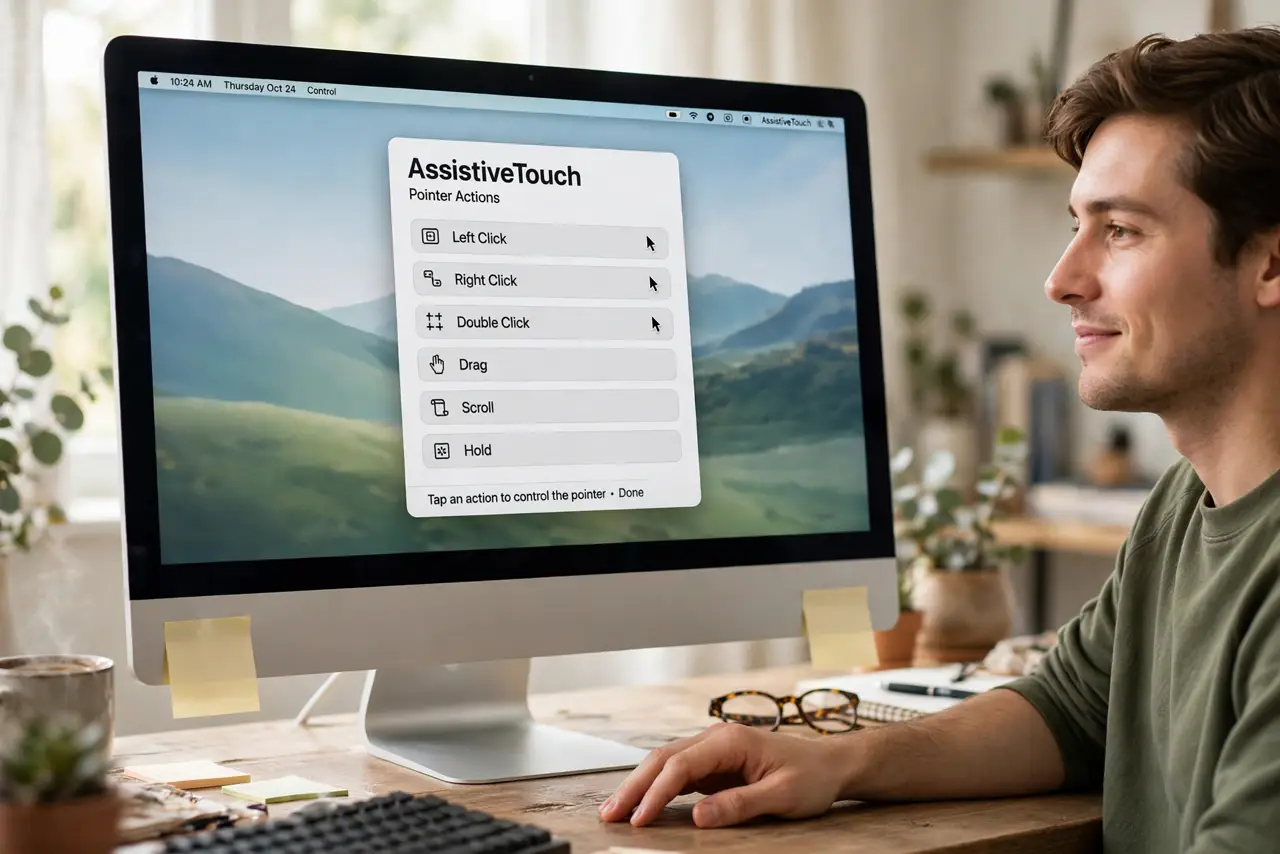 A person's hand resting comfortably while a real Mac screen shows the AssistiveTouch floating panel with pointer action buttons, the person's face relieved, desk.