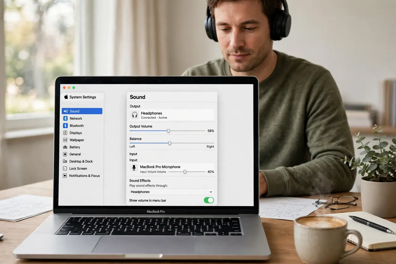 a calm adult at a desk with a real Mac laptop open, Sound settings visible on the real screen with the balance slider centered and legible, the person listening with headphones calmly.