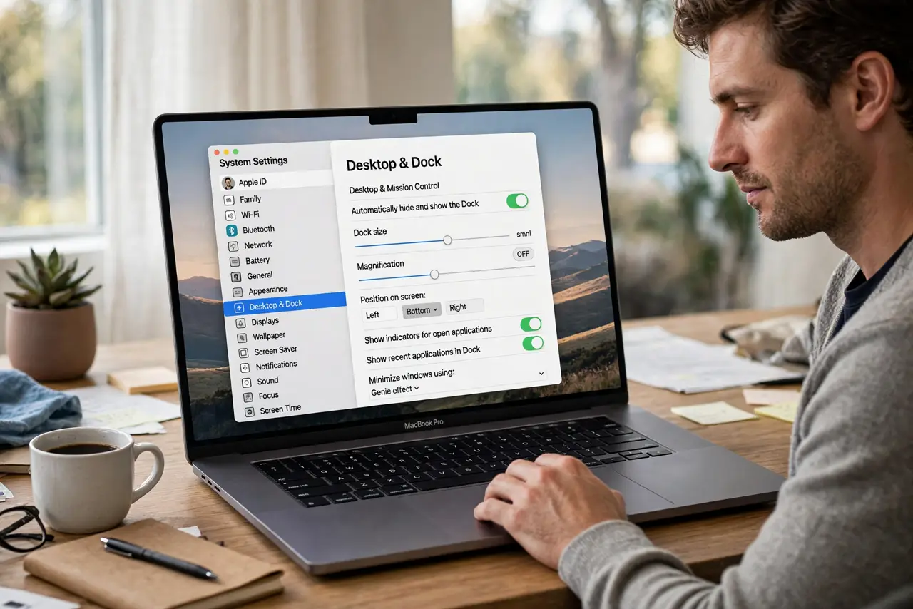 Photoreal photo of a person performing the first step: Turn on auto-hide. Open System Settings > Desktop & Dock and enable 'Automatically hide and show the Dock.' The Dock slides off-screen immediately; mo...