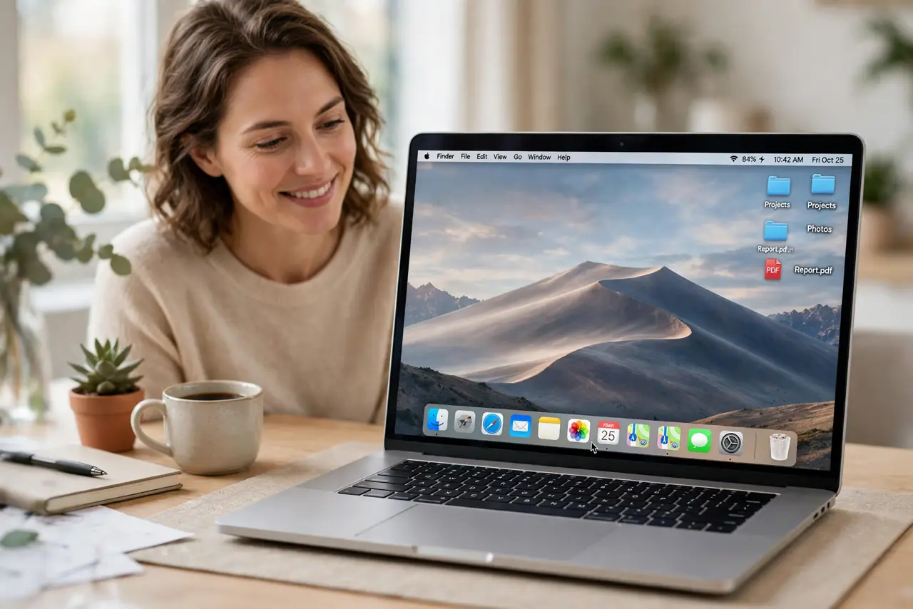 Photoreal photo: a calm person at a desk viewing a real Mac screen with the Dock hidden and reappearing as the cursor touches the bottom edge, a clean desktop visible, the person's face pleased. No black screen, no blank