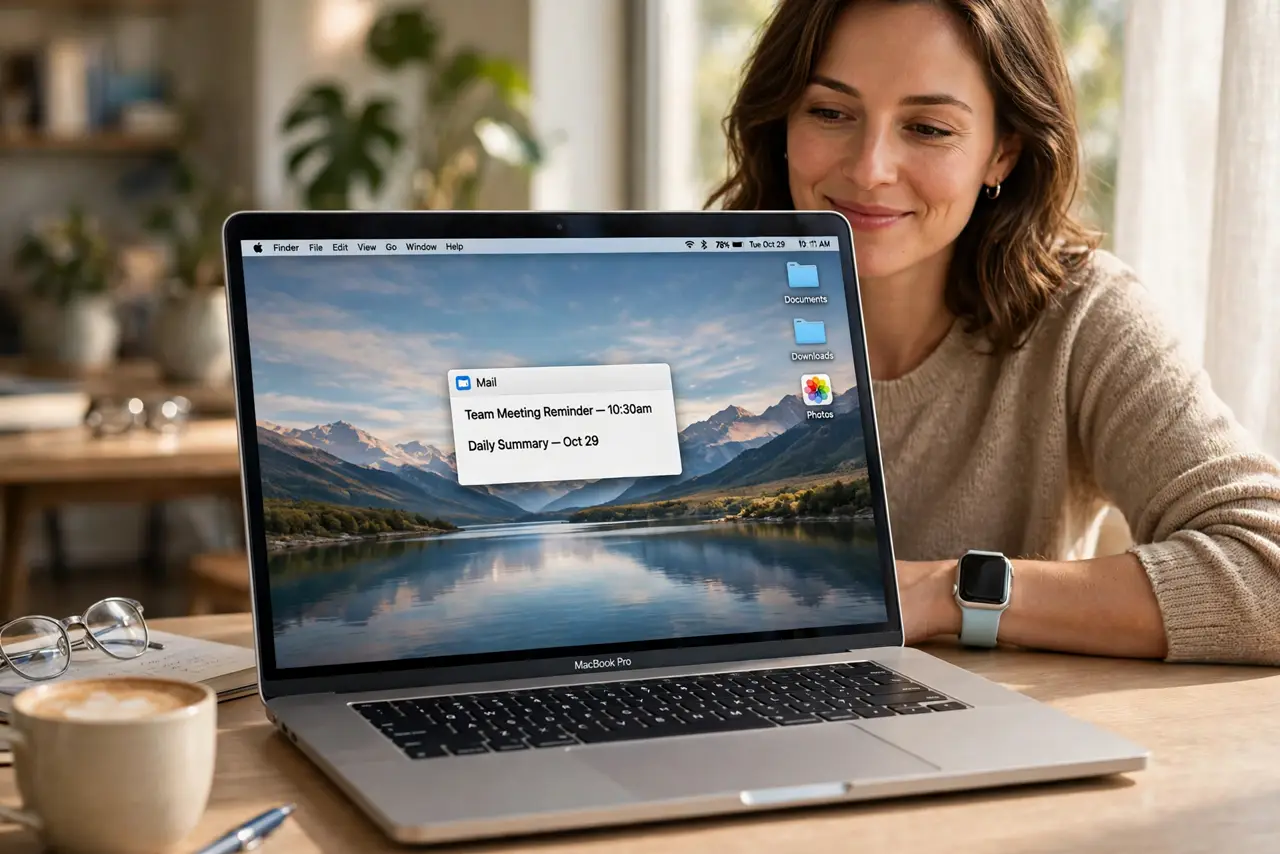 A person wearing a real Apple Watch sitting down at a real MacBook, the Mac screen showing the desktop with legible menu bar as it unlocks, the person's face…