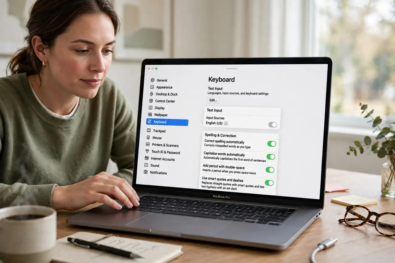 A person performing the first step: Open Text Input settings. System Settings > Keyboard > Text Input. The spelling and.