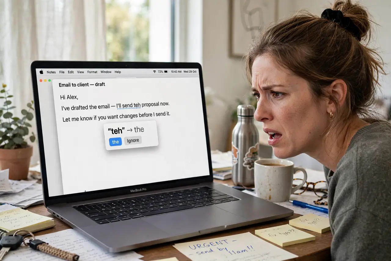 A frustrated person looking at a wrongly autocorrected word on a real Mac with the correction popup legible on screen,