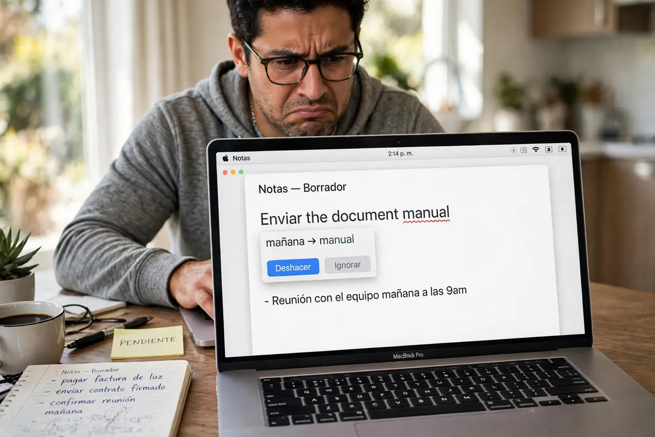 Autocorrect Uses the Wrong Language on Mac — an exasperated bilingual adult typing on a MacBook where autocorrect changes a Spanish word into an English on