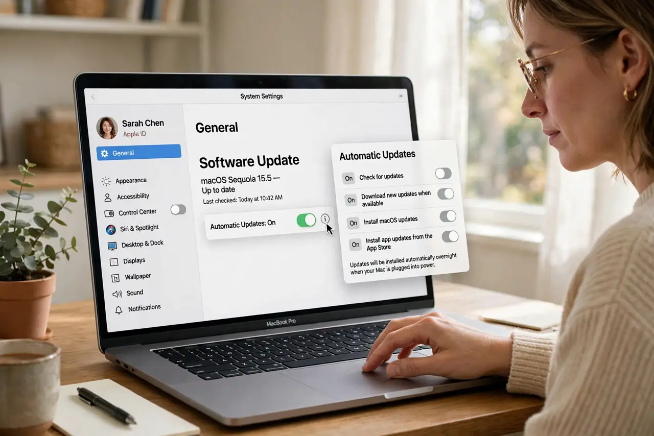 A person performing the first step: Open Software Update settings. In System Settings, go to General, then Software.