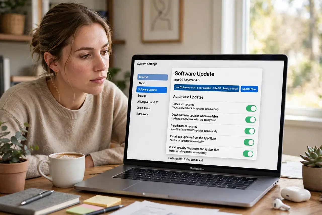 A person looking at a MacBook screen showing Software Update settings with automatic options legible, a pending update