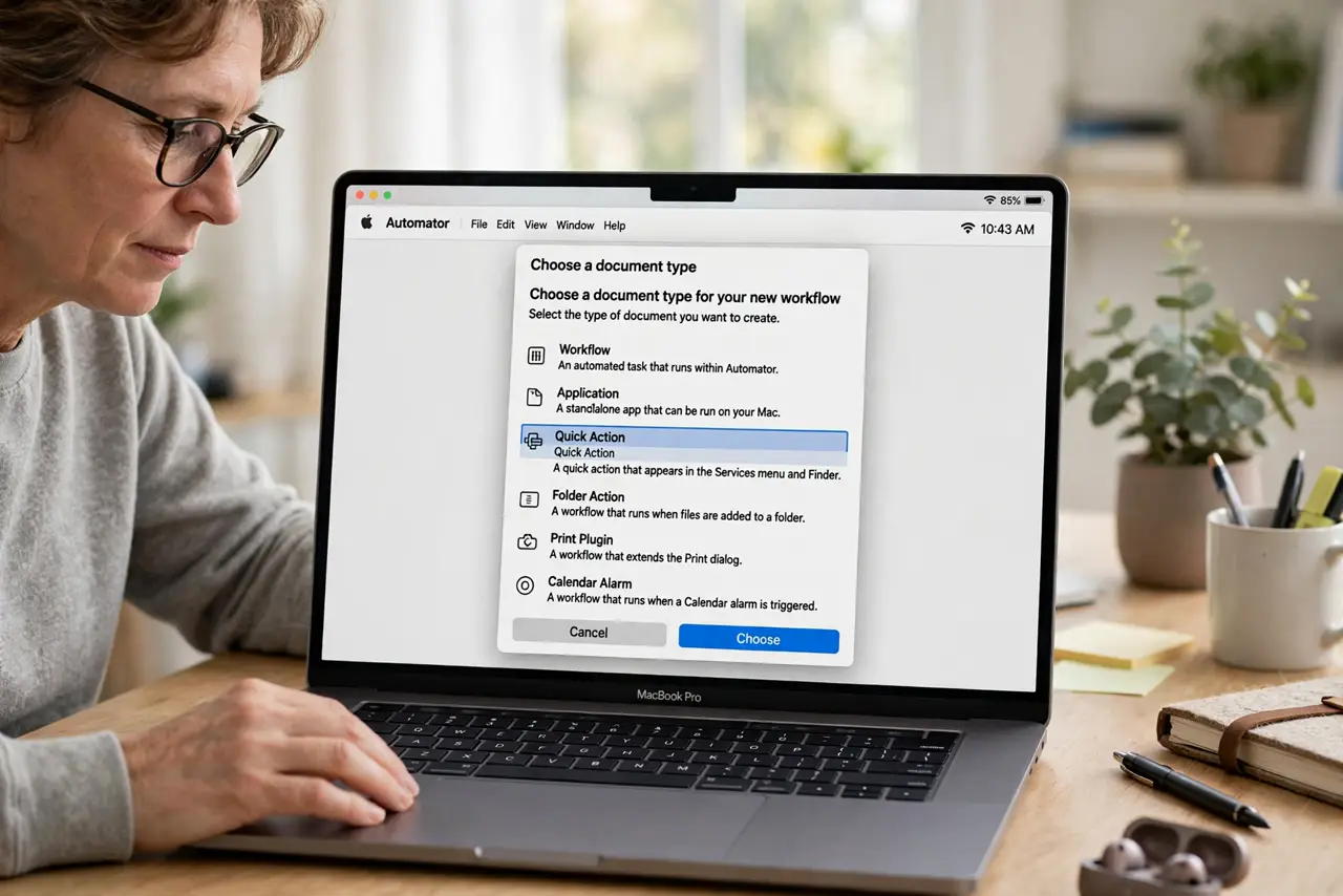 Photoreal photo of a person performing the first step: Open Automator and start a Quick Action. Find Automator in Applications, launch it, and choose