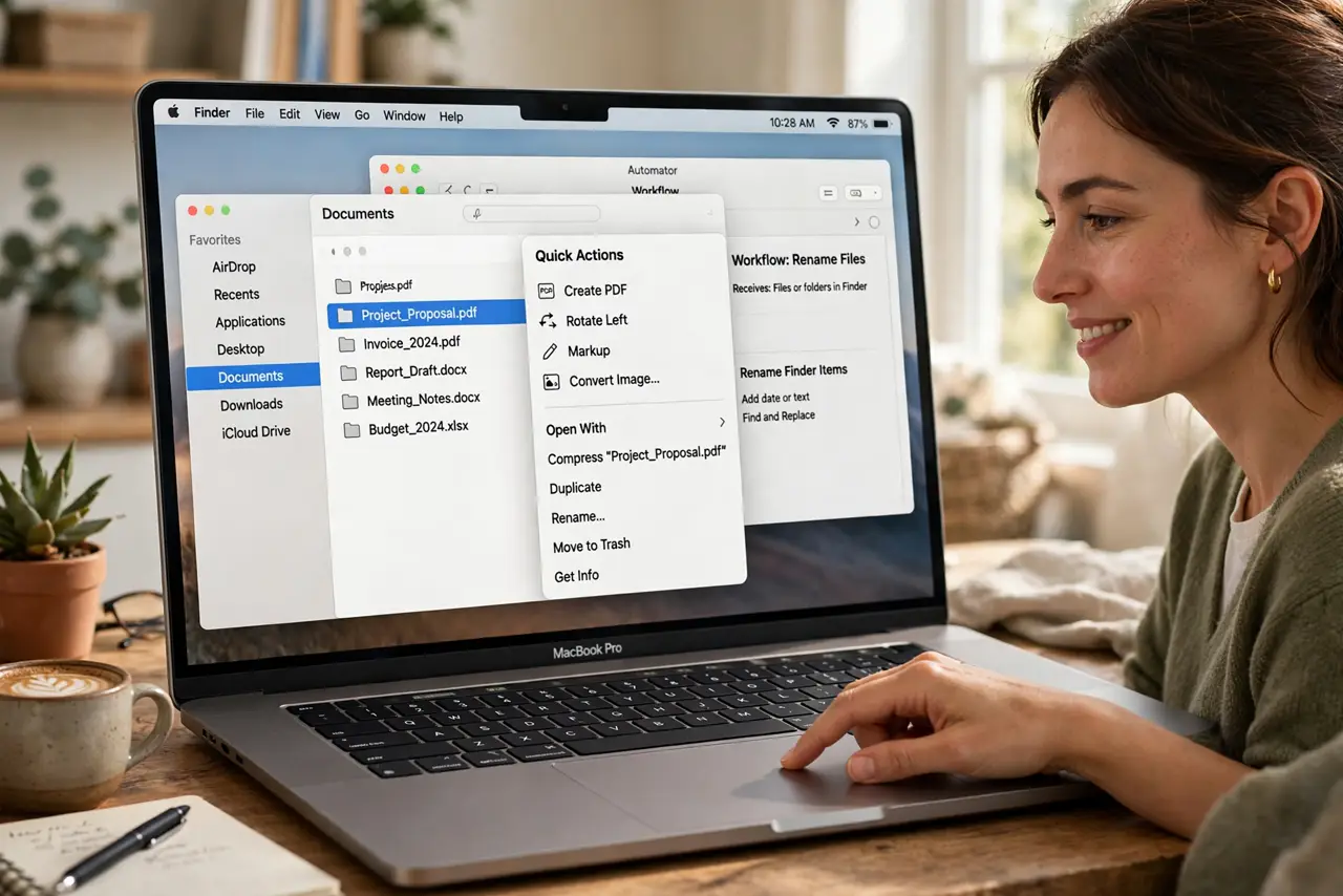 Photoreal photo: a person right-clicking files in a real Mac Finder window showing a legible Quick Actions menu, the Automator app open on screen behind, the person's face satisfied, home office. No black screen, no blank white screen