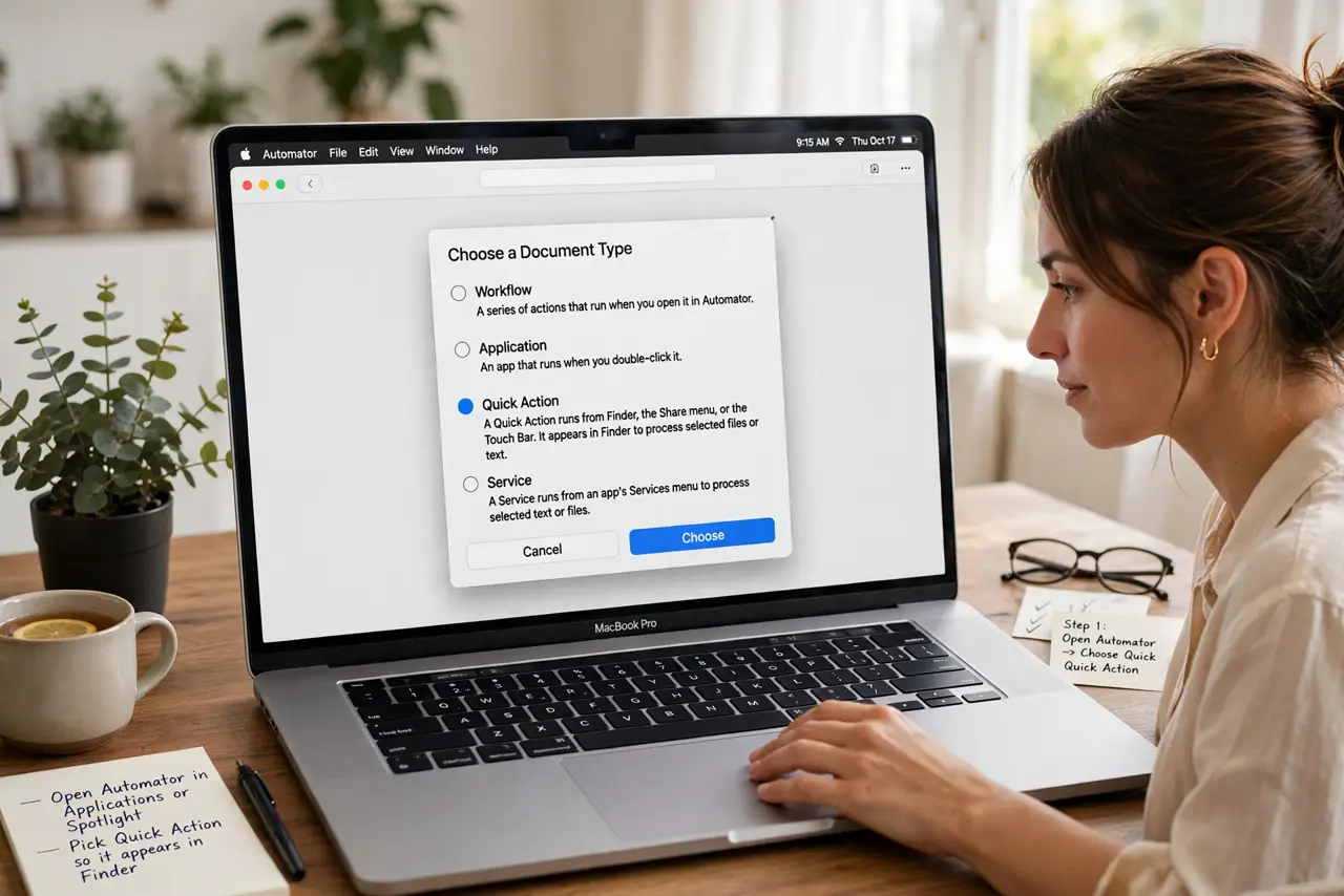 A person performing the first step of the guide: Open Automator and pick Quick Action.