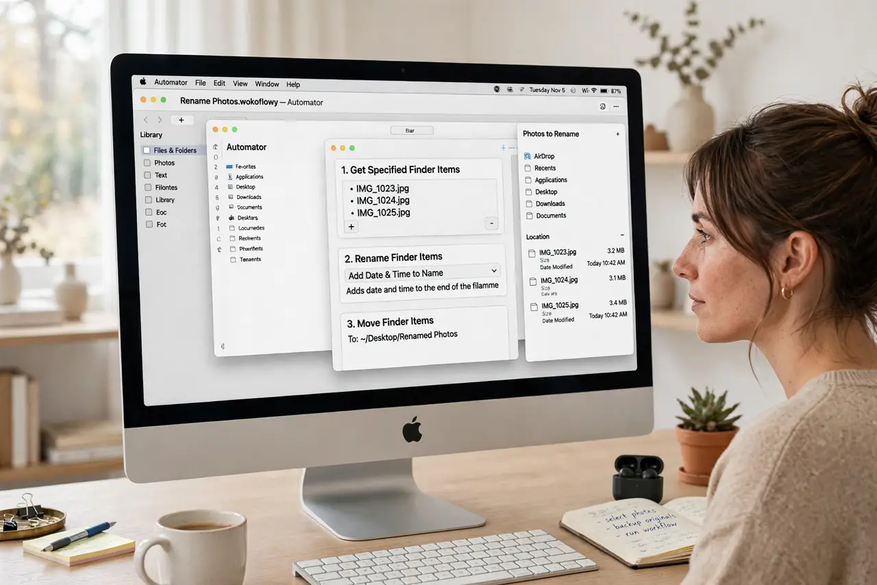 a person at a real Mac, the screen showing the Automator app with a simple workflow visible and legible beside a Finder window, the person's face focused, bright desk.