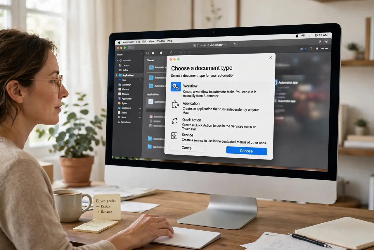 Photoreal photo of a person performing the first step: Open Automator and choose Workflow. Find Automator in Applications and launch it. Choose Wor...