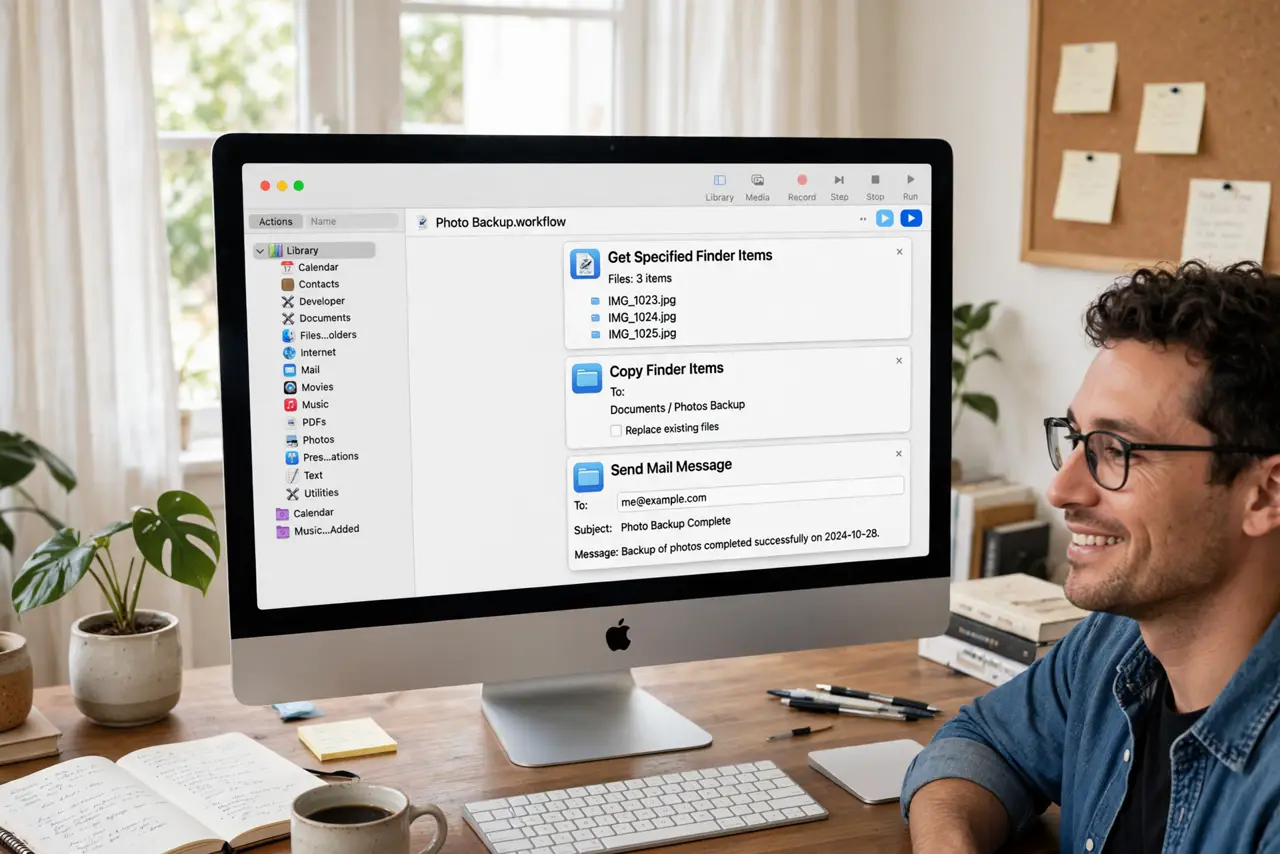 Photoreal photo: a person building a workflow in the real Automator app on a real Mac with legible action blocks, the person's face satisfied, home office. No black screen, no blank white screen, no fake or garbled...