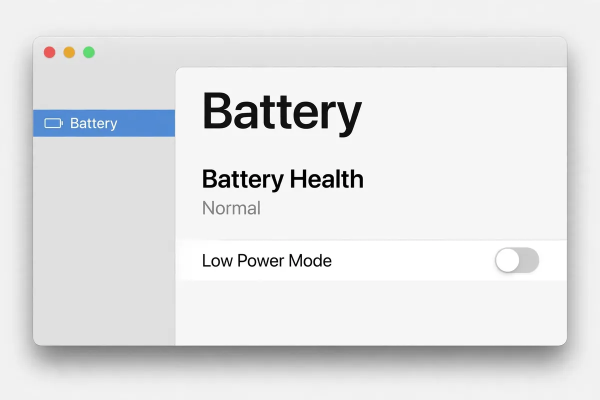 A recreation of the macOS Battery settings screen showing Battery Health as Normal and a Low Power Mode toggle.