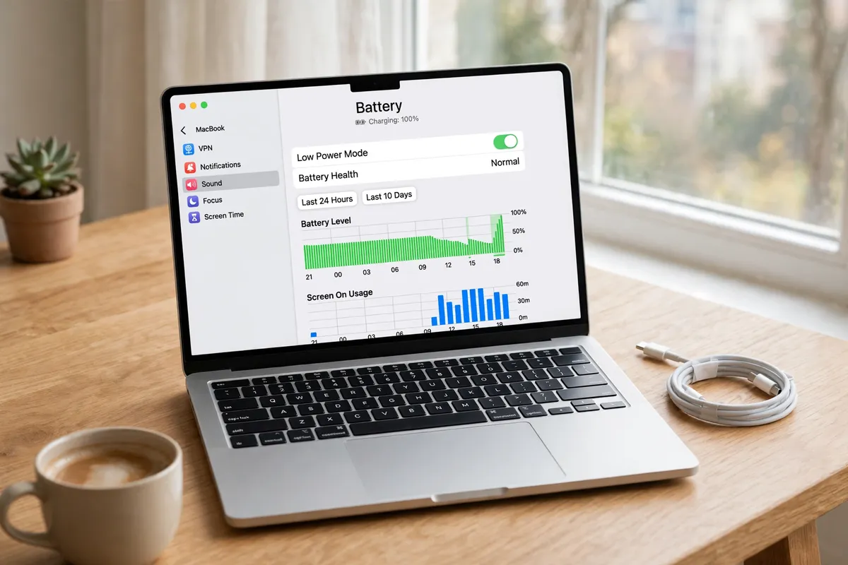 A silver MacBook on a wooden desk by a bright window, its screen showing macOS Battery settings with Battery Health and Low Power Mode, its charging cable coiled unplugged beside it, with a cup of coffee nearby.