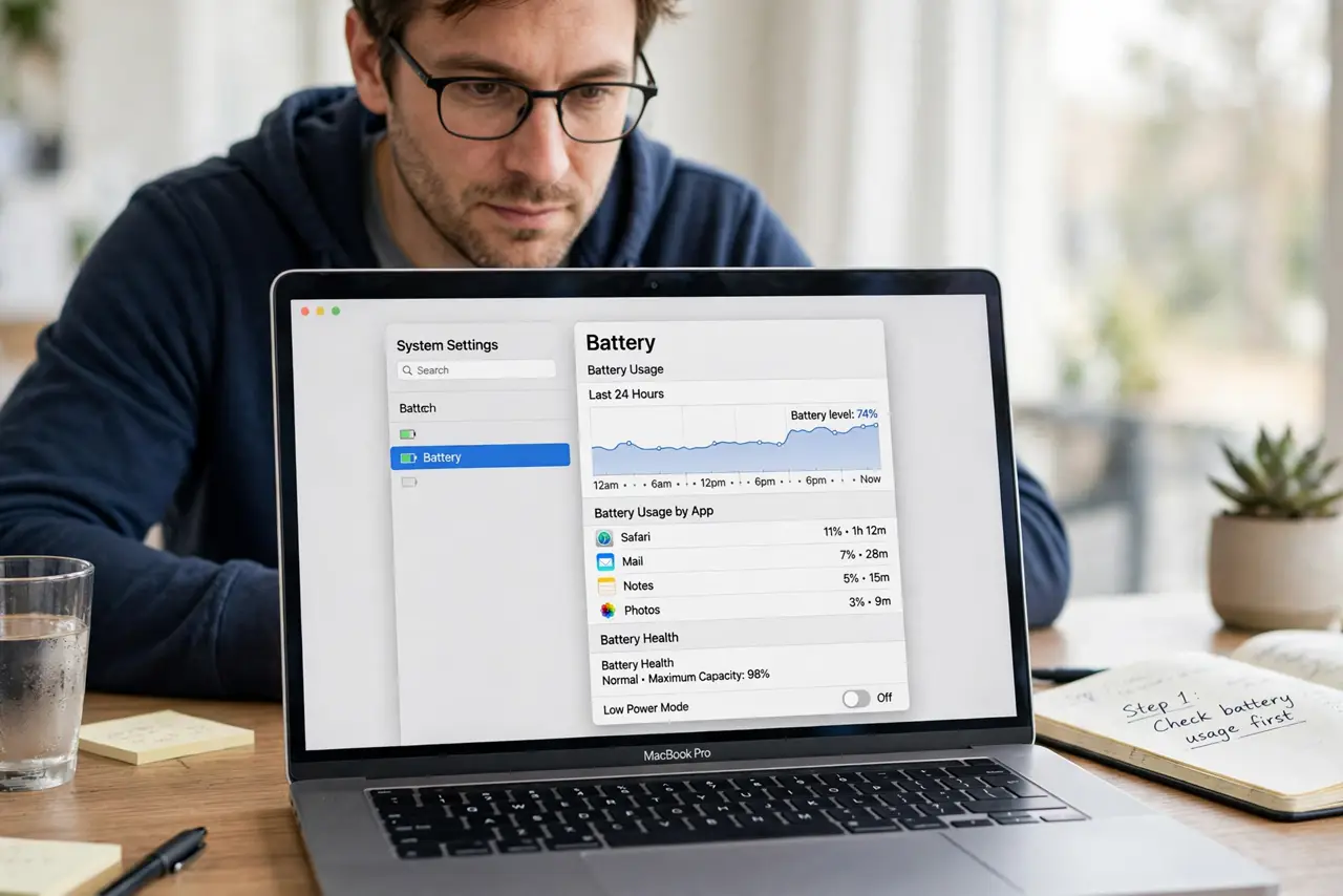 A person performing the first step: Check battery usage first.