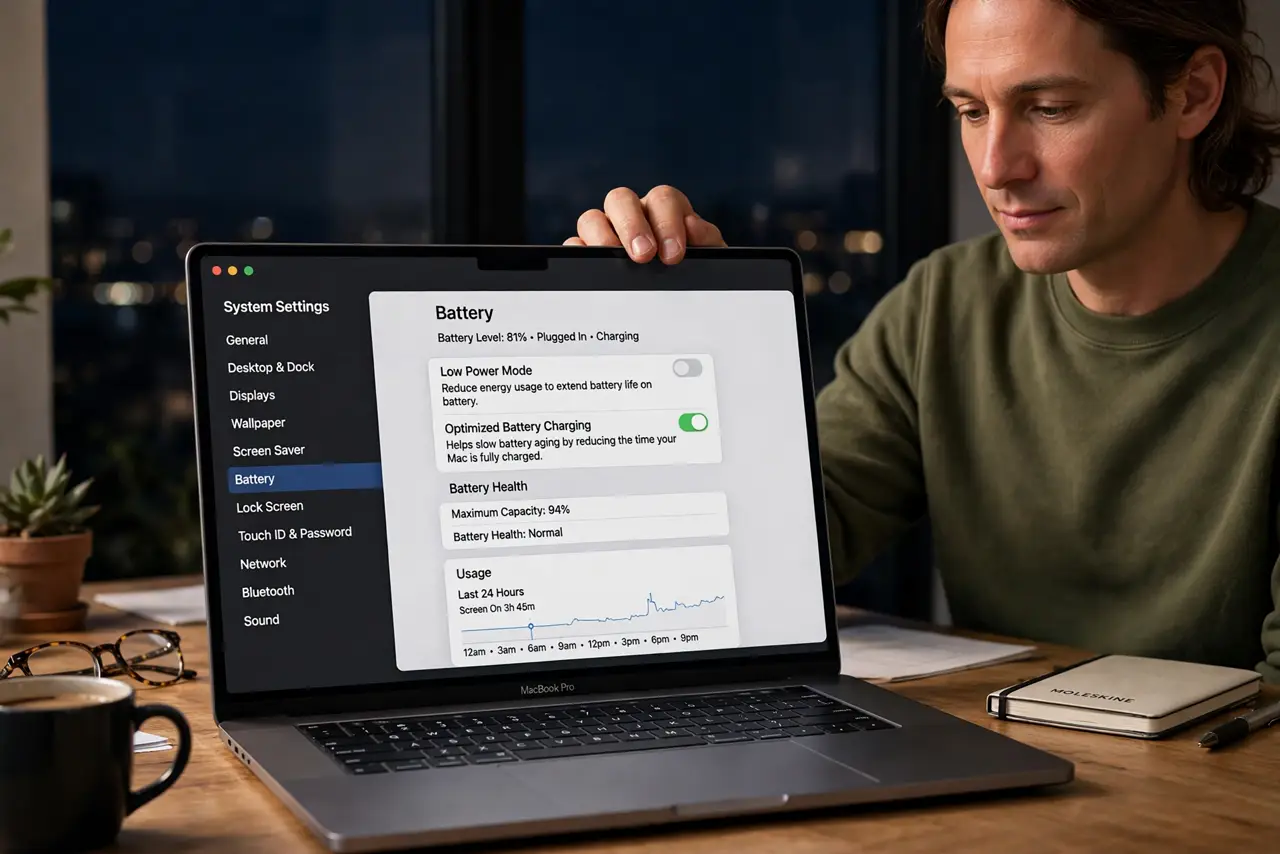 a calm adult closing a real Mac laptop on a desk at night, the macOS Battery settings screen clearly visible and legible on the real Mac screen.