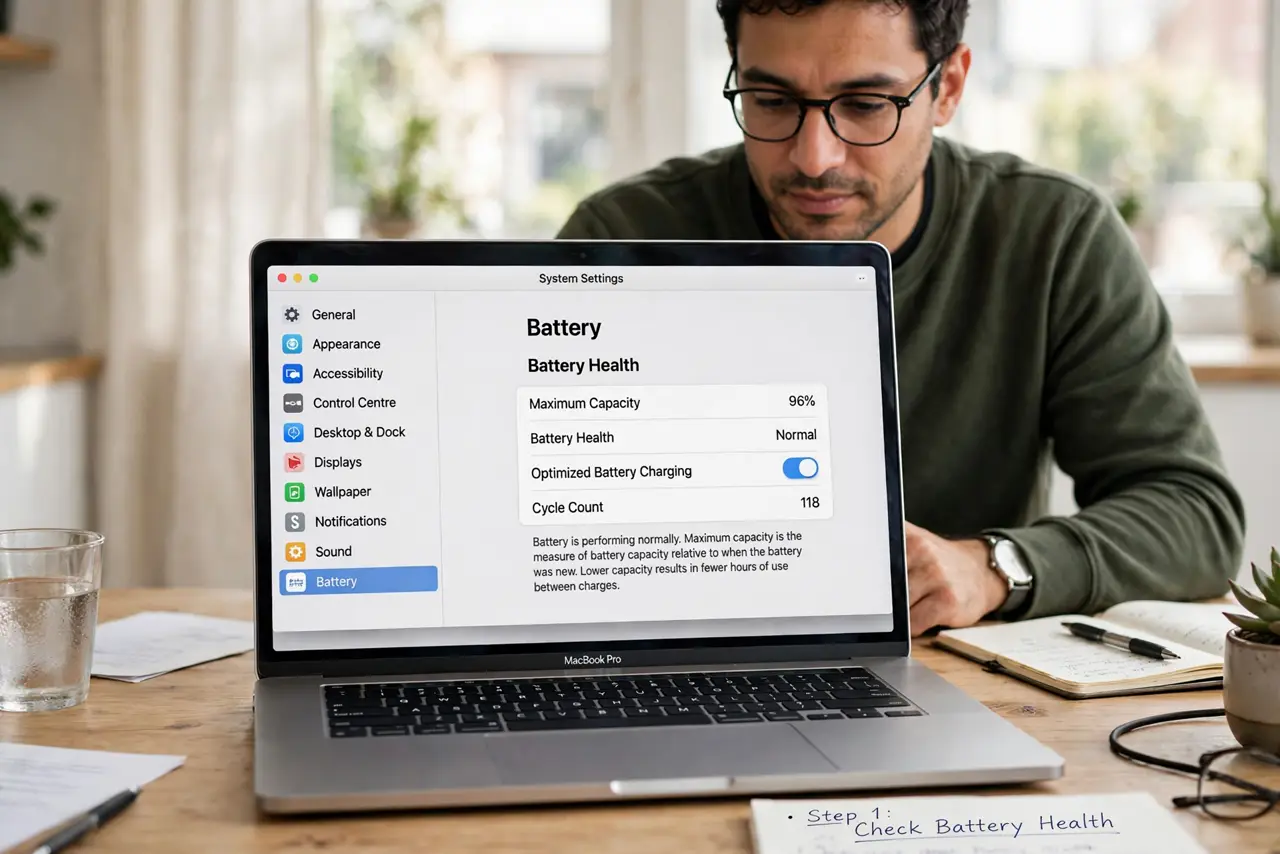 A person performing the first step: Check Battery Health properly.