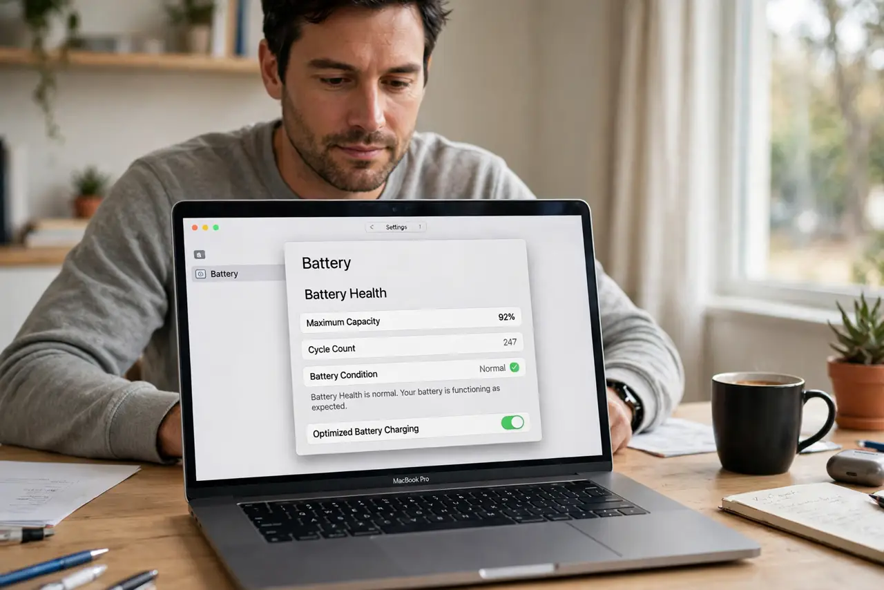a relaxed adult at a desk with a real Mac laptop open, Battery Health visible on the real screen complete and legible, the person checking battery calmly.