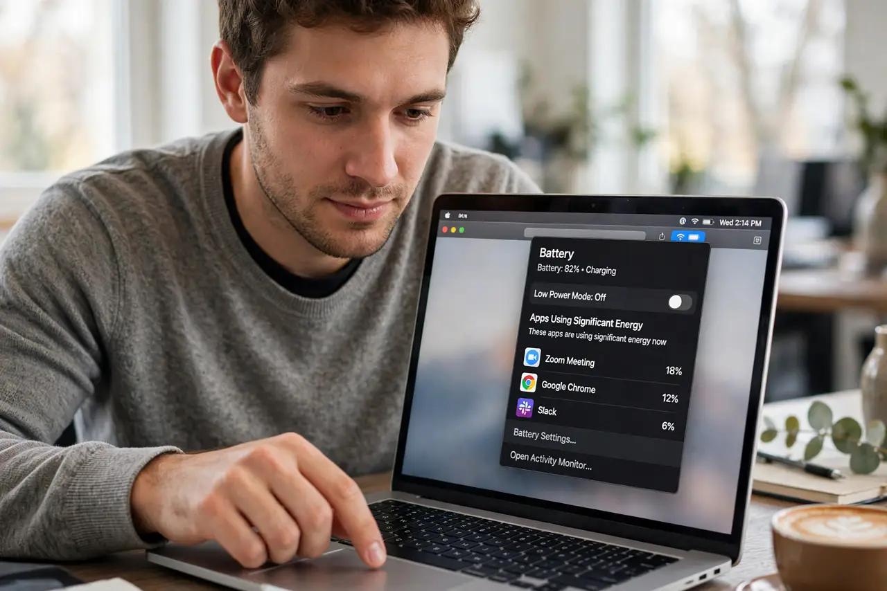 A person performing the first step of the guide: Click the battery icon.
