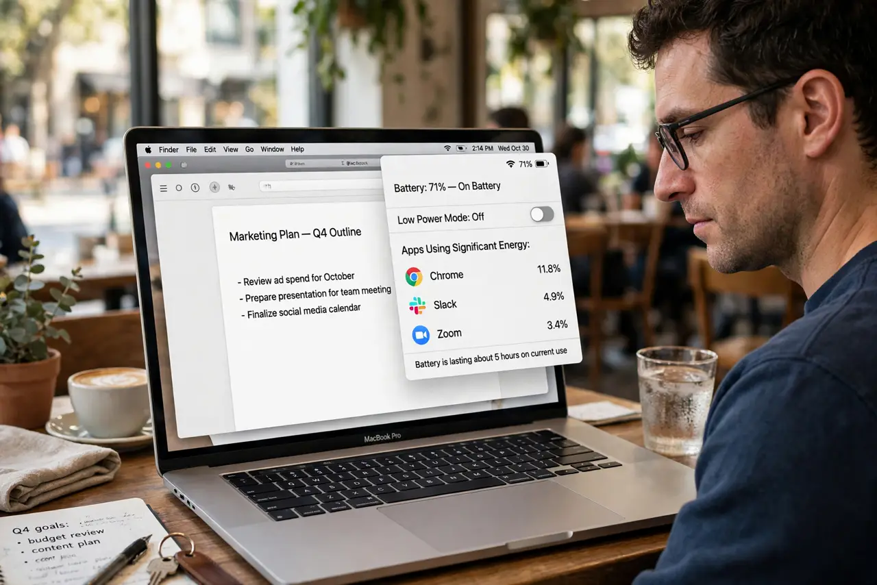 a person using a real MacBook at a cafe, the battery menu open in the menu bar showing apps using significant energy with legible text, the person's face focused, daytime.