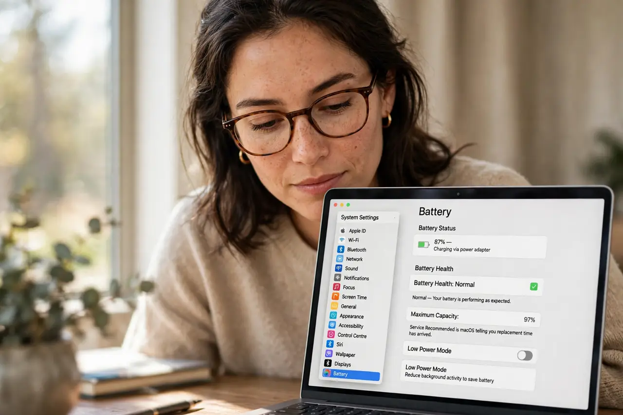 A person performing the first step of the guide: Check the battery status message.