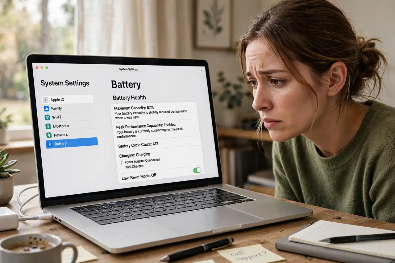 a person checking battery health on a real MacBook with the system settings legible, the MacBook on a desk plugged into a charger, the person's face concerned but calm, home office.