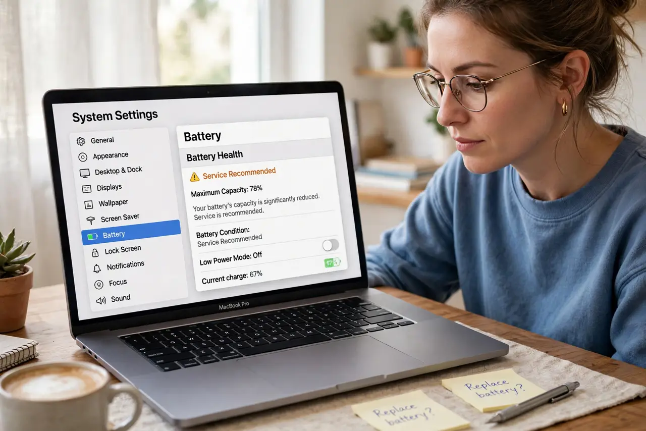 Mac Says Battery Service Is Recommended — step 1 being performed on the device.