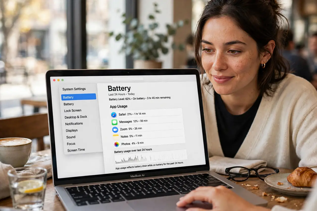 a person at a real MacBook in a cafe, the screen showing the battery settings page with legible app usage list, the person's face concerned then relieved, daylight.