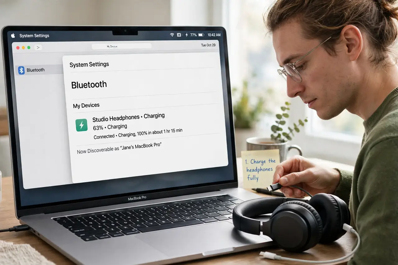 A person performing the first step: Charge the headphones fully.