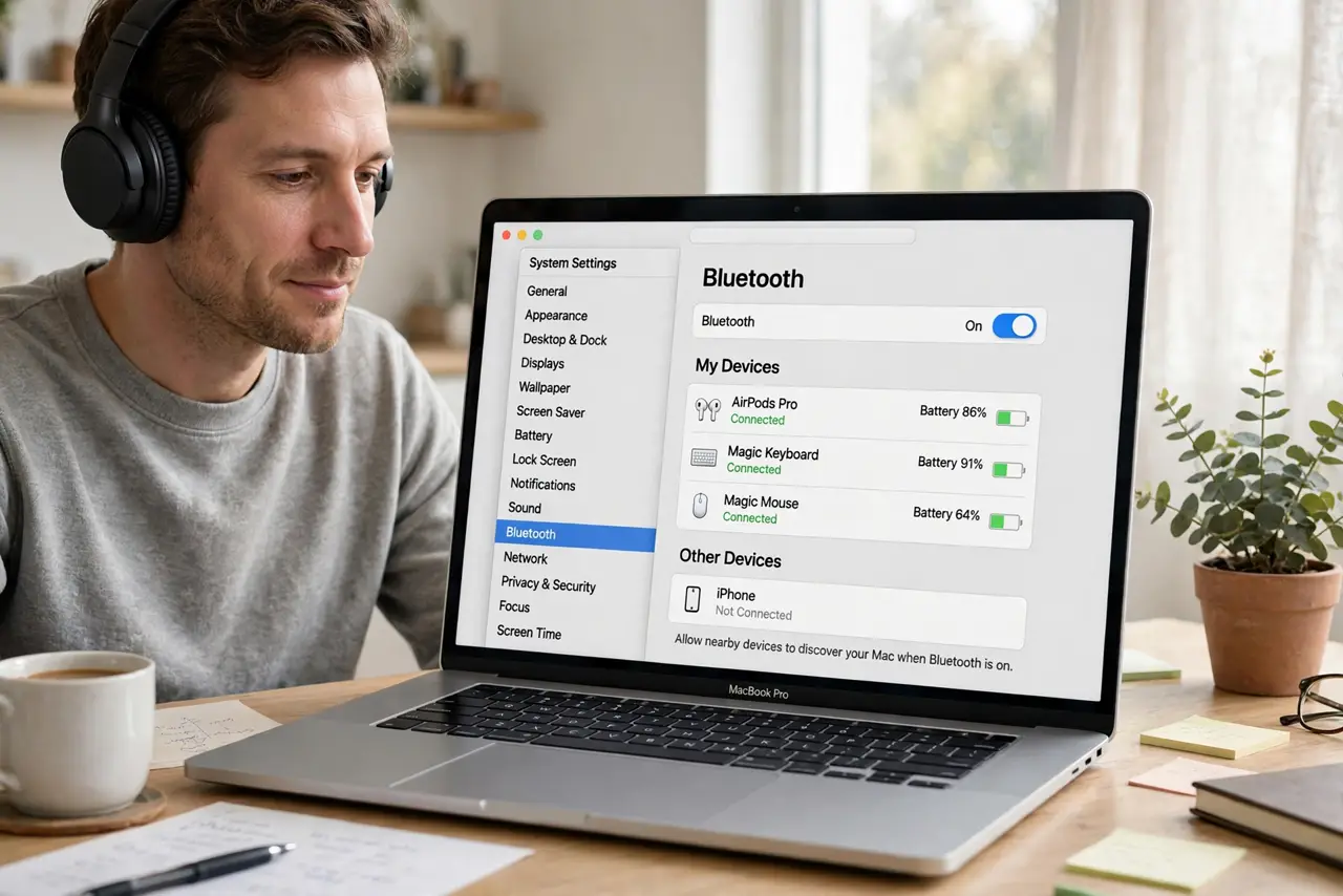 a calm adult wearing real Bluetooth headphones at a desk with a real Mac laptop, the macOS Bluetooth settings screen clearly visible and legible on the real Mac screen.