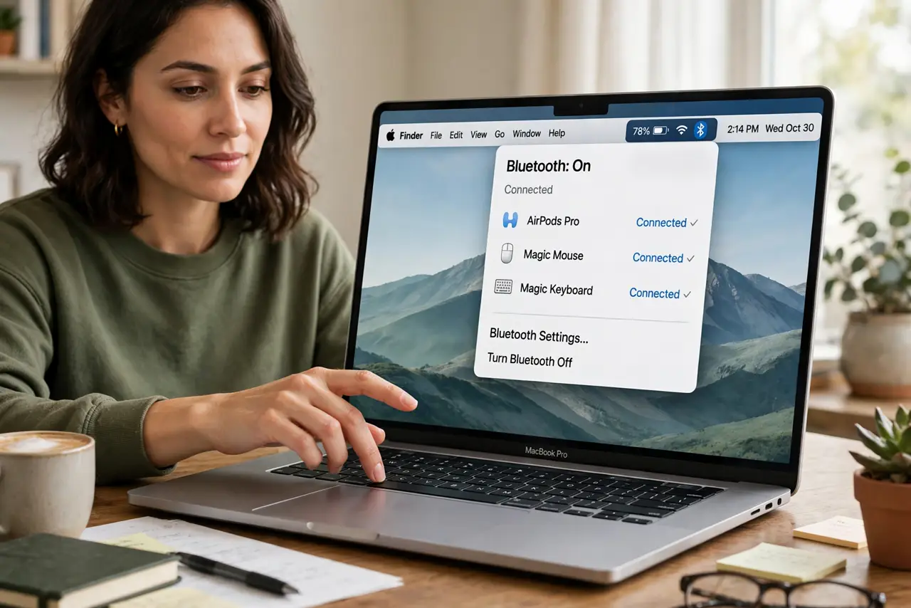 A person clicking the real Bluetooth icon in the Mac menu bar, the dropdown showing connected devices with legible text, the person's face calm and in control.