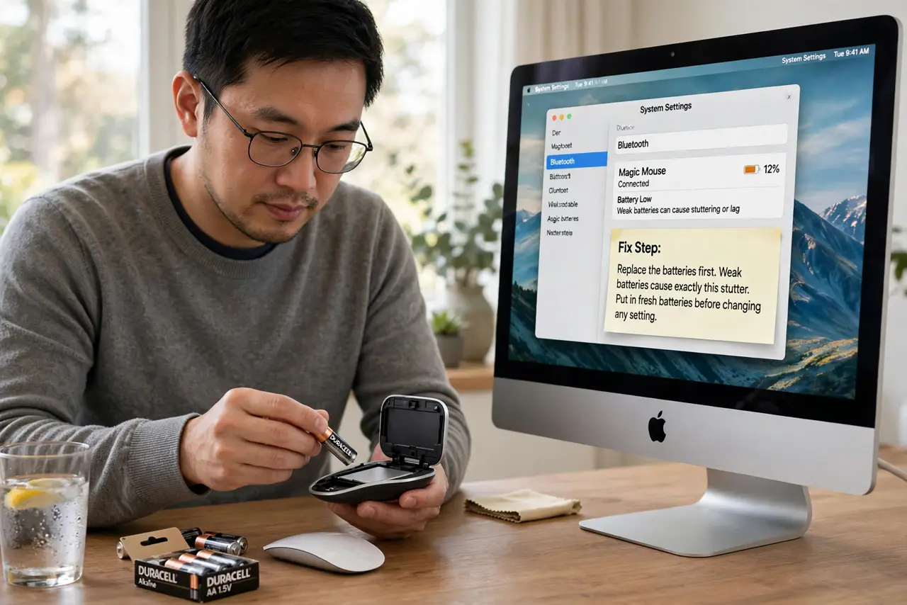 A person performing step 1 of the guide: Replace the batteries first. Weak batteries cause exactly this stutter. Put in fresh batteries before changing any setting — the simplest...