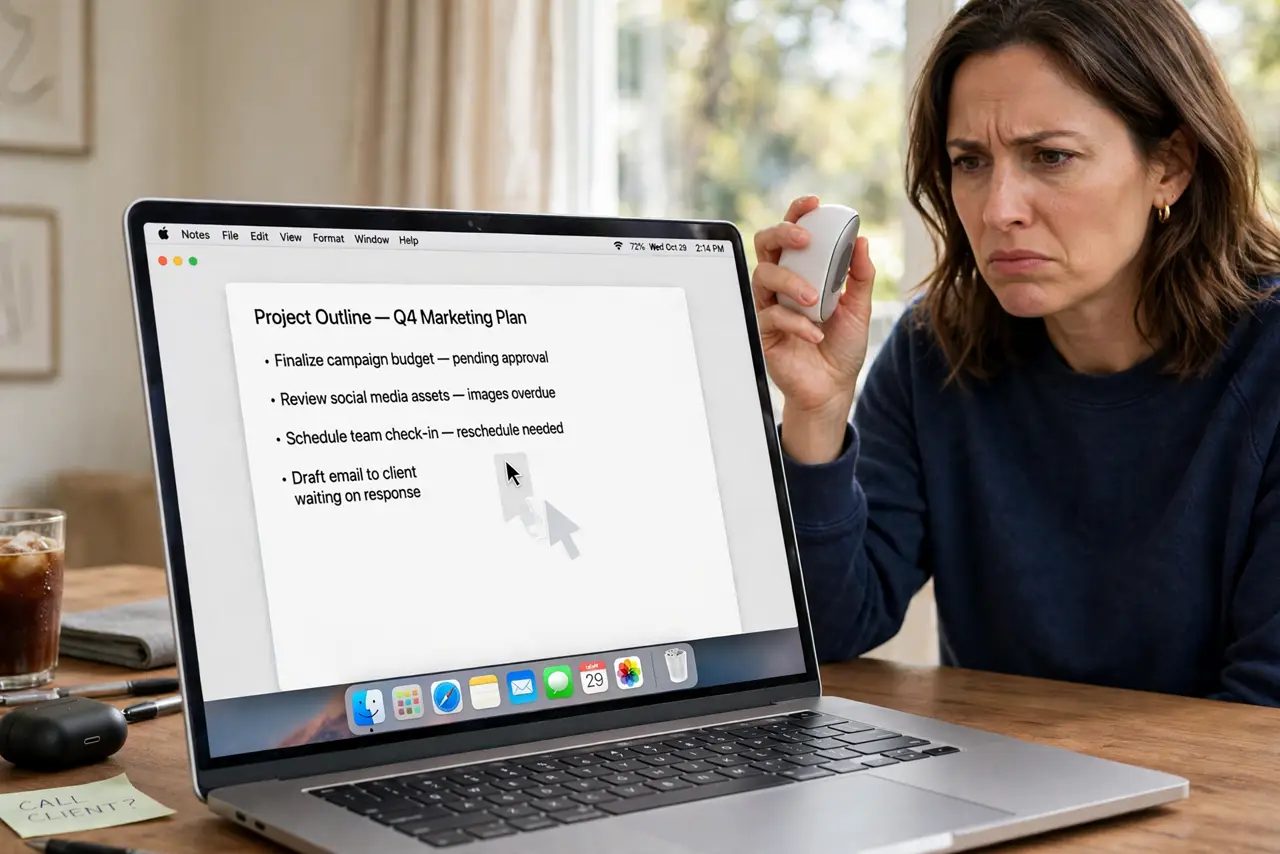 an annoyed adult using a real Bluetooth mouse with a Mac, the cursor visibly lagging on the fully legible screen, the person lifting the mouse in frustration.