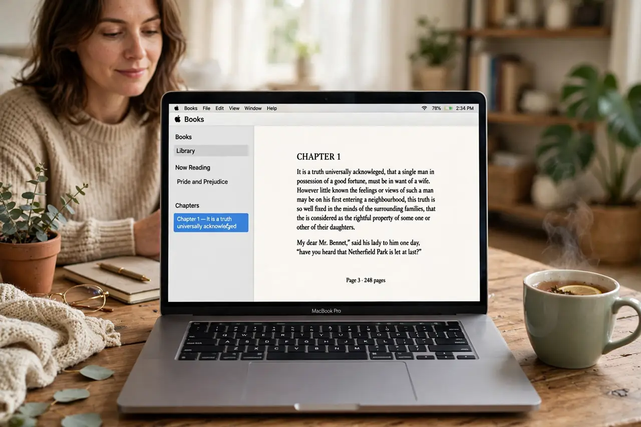 A person reading on a real MacBook showing the Books app with a legible book page, a cup of tea nearby, the person's face relaxed and absorbed, cozy reading…