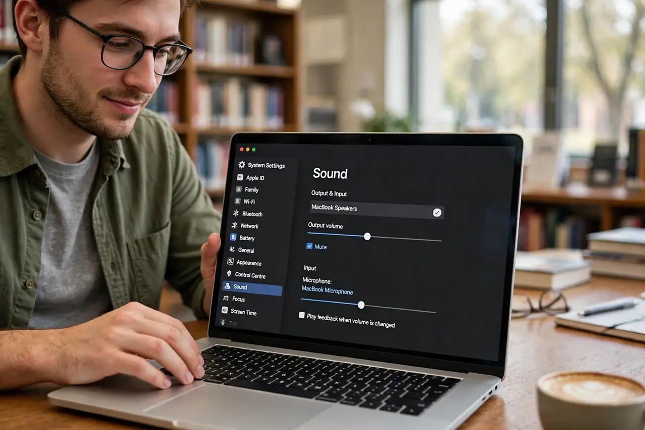 a person opening a real MacBook in a quiet library, the screen showing the sound settings with a legible mute option, the person's face relieved, library.