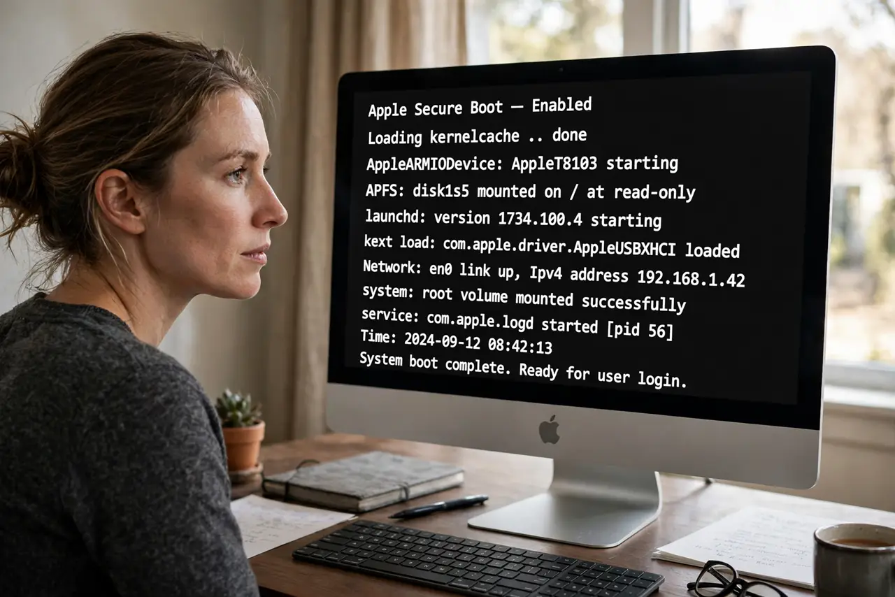 A person watching a real Mac screen showing scrolling verbose boot text legibly, the person's face investigative, desk in dim light.