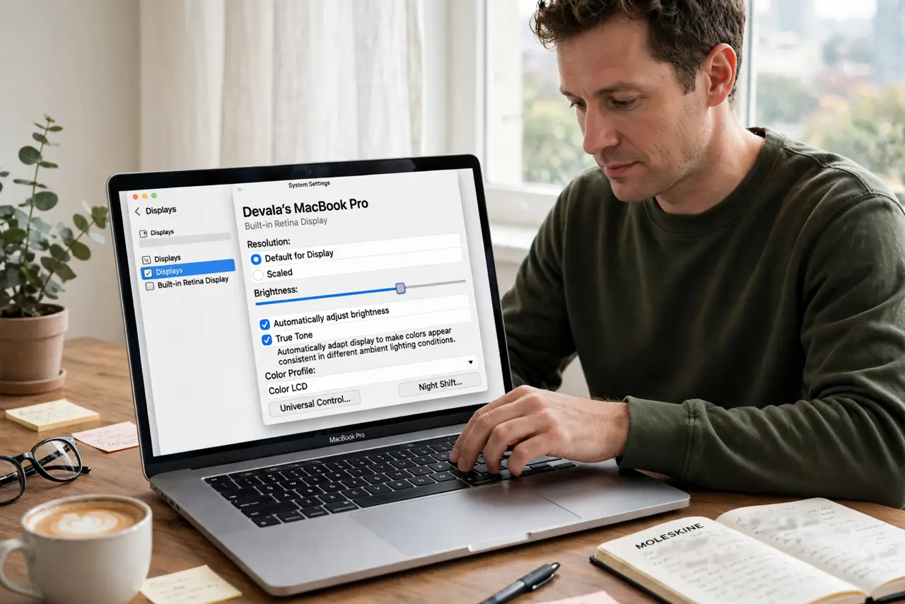 a calm adult pressing keys on a real Mac laptop keyboard at a desk, the macOS Displays settings screen with the Brightness slider clearly visible and legible on the real Mac screen.