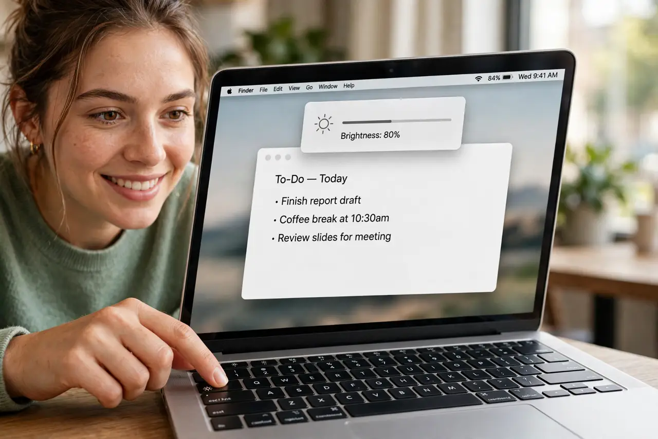 A person pressing the brightness keys on a real MacBook keyboard, the brightness overlay visible on screen fully legible, the person's face hopeful.