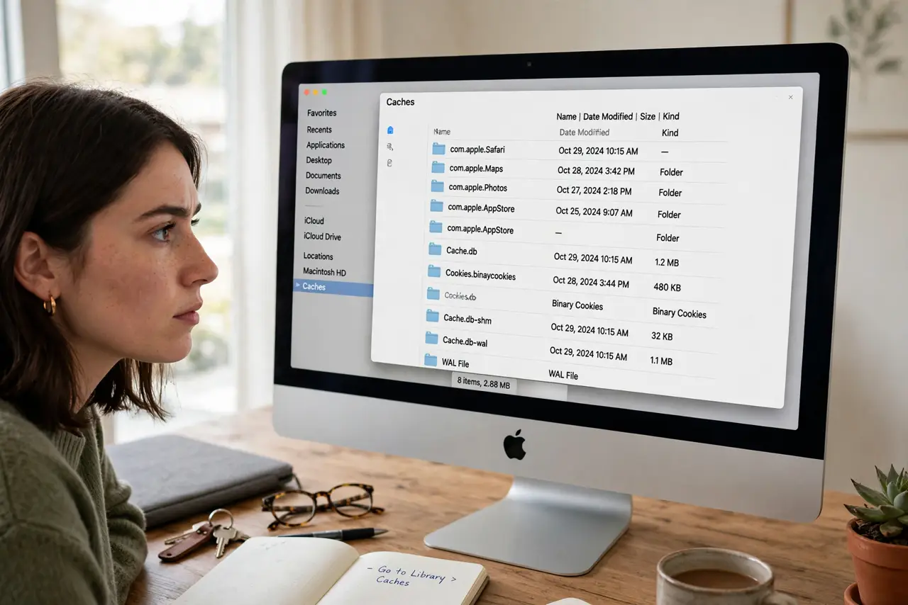a person looking at a real Mac screen showing Finder with the Caches folder and legible file names, the person's face cautious, desk.