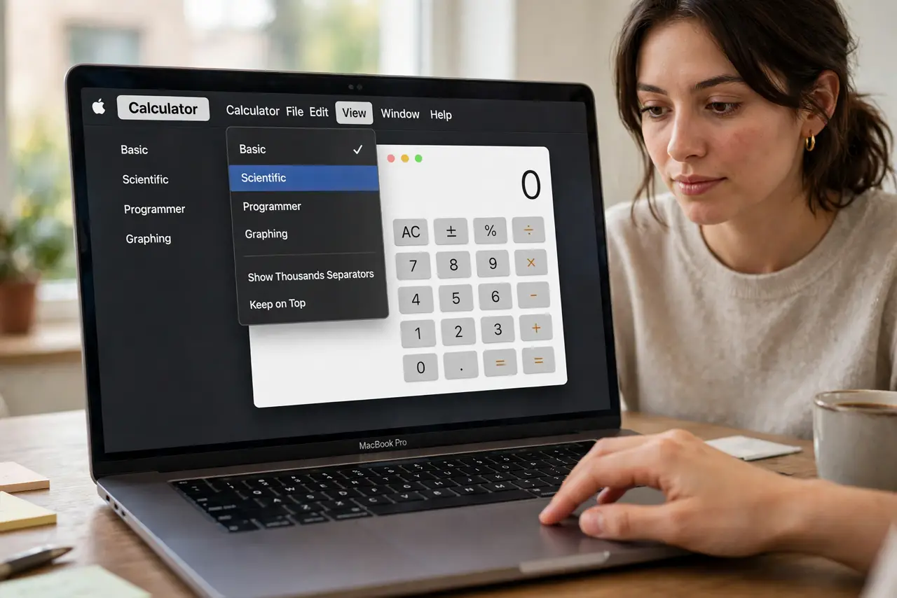 A person carrying out step one: switch calculator modes.