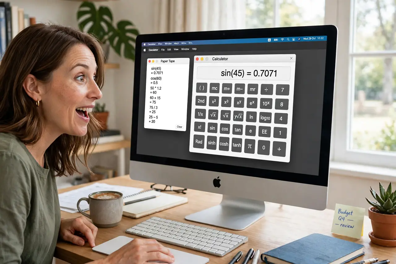 A person using the real Mac Calculator app in scientific mode with legible buttons and a paper tape history, the person's face pleasantly surprised, bright…